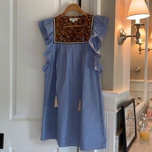 THML chambray flutter sleeve dress w/ embroidery